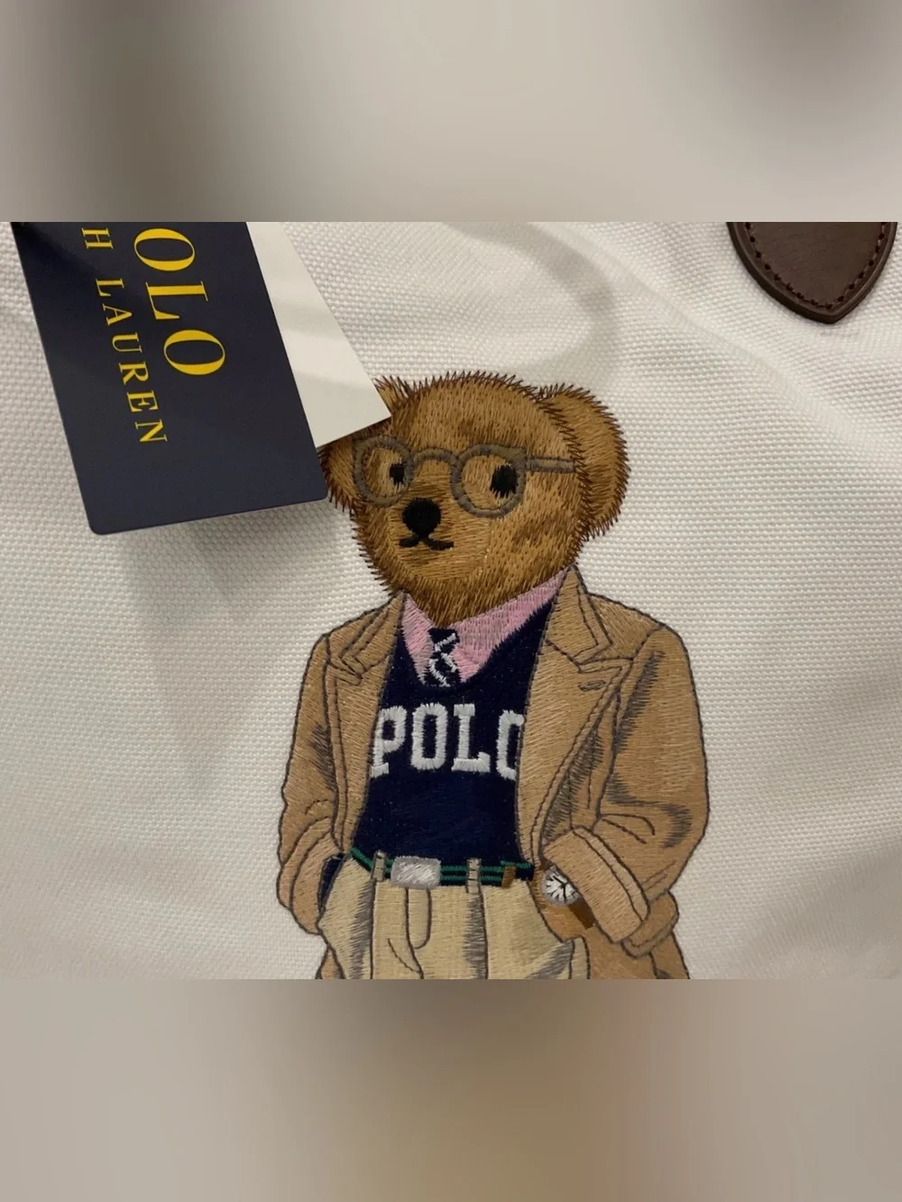 Polo Ralph Lauren White COLLEGIATE BEAR Canvas Embroidered SHOPPER Tote Bag